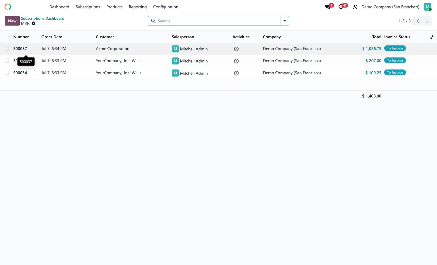 Subscriptions Dashboard for Odoo, drilldown on Odoo 17