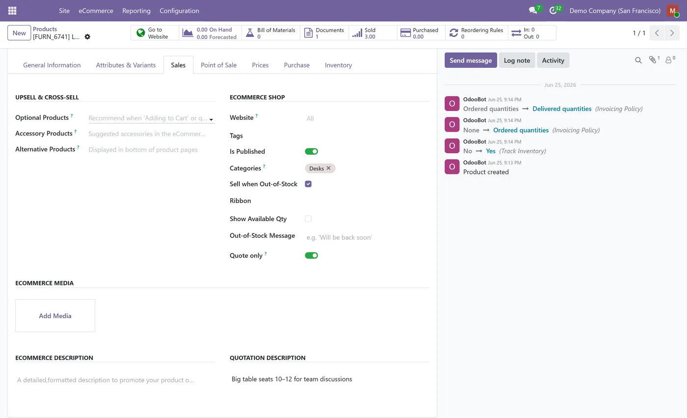 Request a Quote for Odoo eCommerce for Odoo, product quote toggle on Odoo 17