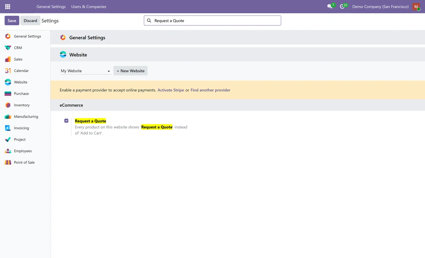 Request a Quote for Odoo eCommerce for Odoo, website setting