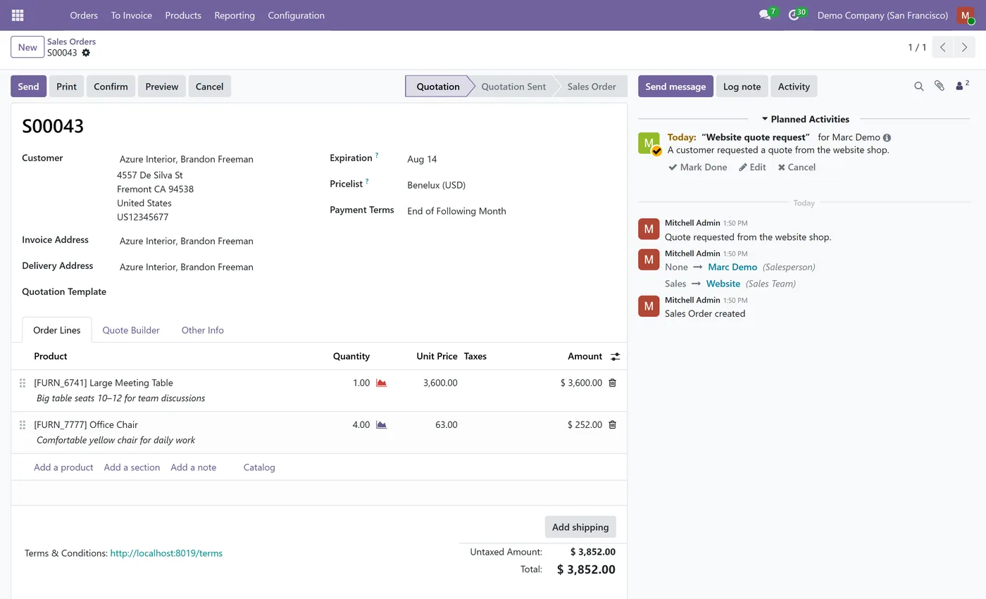 Request a Quote for Odoo eCommerce for Odoo, quote portal customer