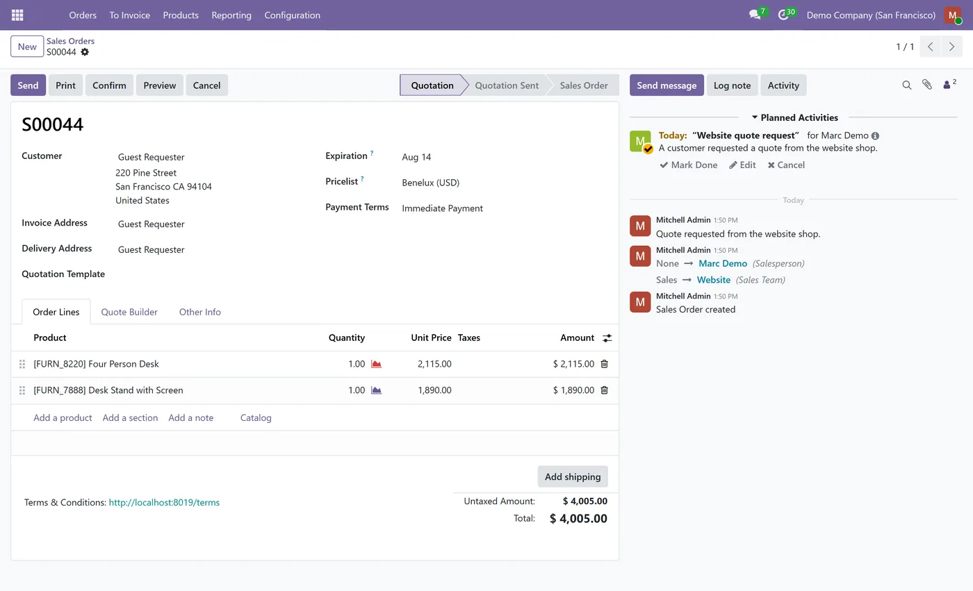 Request a Quote for Odoo eCommerce for Odoo, quote guest customer