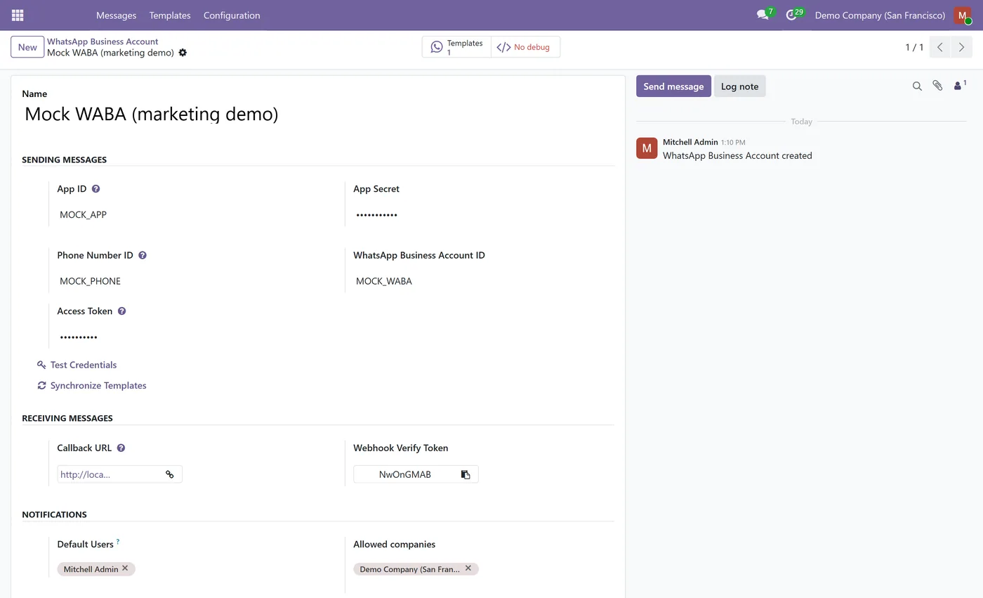 WhatsApp Business for Odoo Community for Odoo, account form on Odoo 17