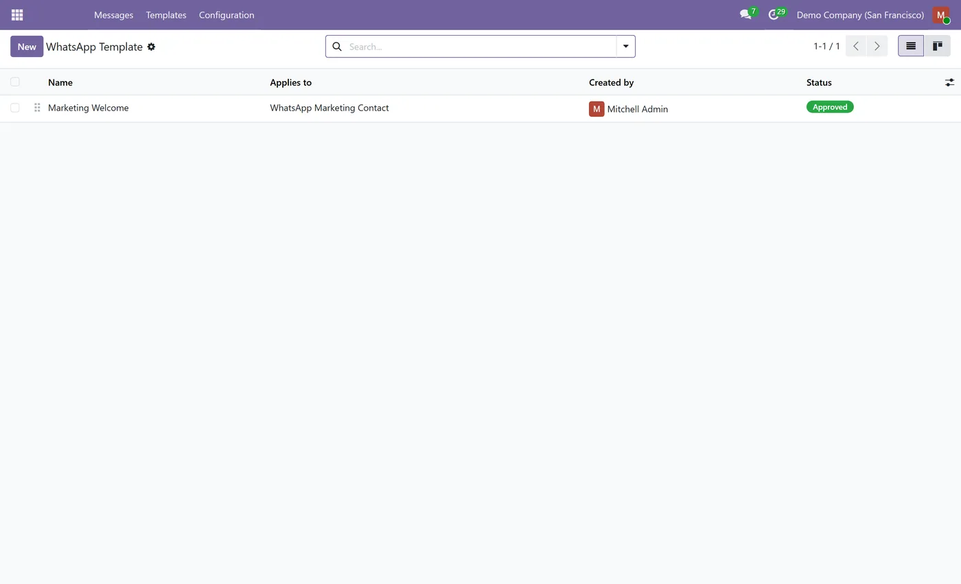 WhatsApp Business for Odoo Community for Odoo, templates list on Odoo 17