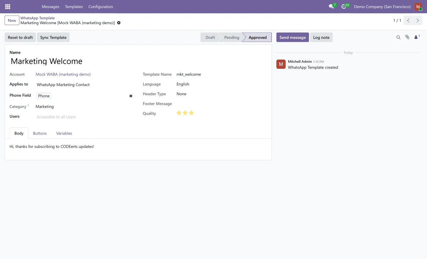 WhatsApp Business for Odoo Community for Odoo, template form