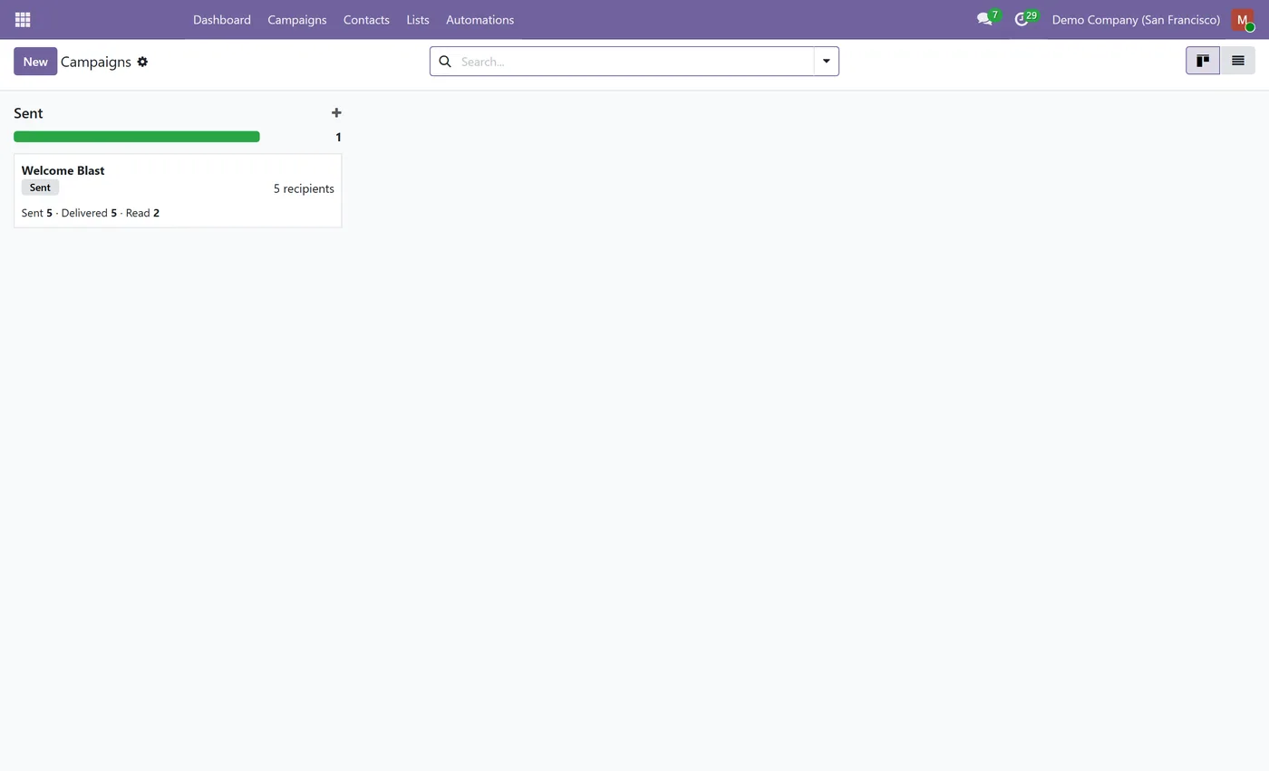 WhatsApp Marketing for Odoo Community for Odoo, campaigns kanban on Odoo 17
