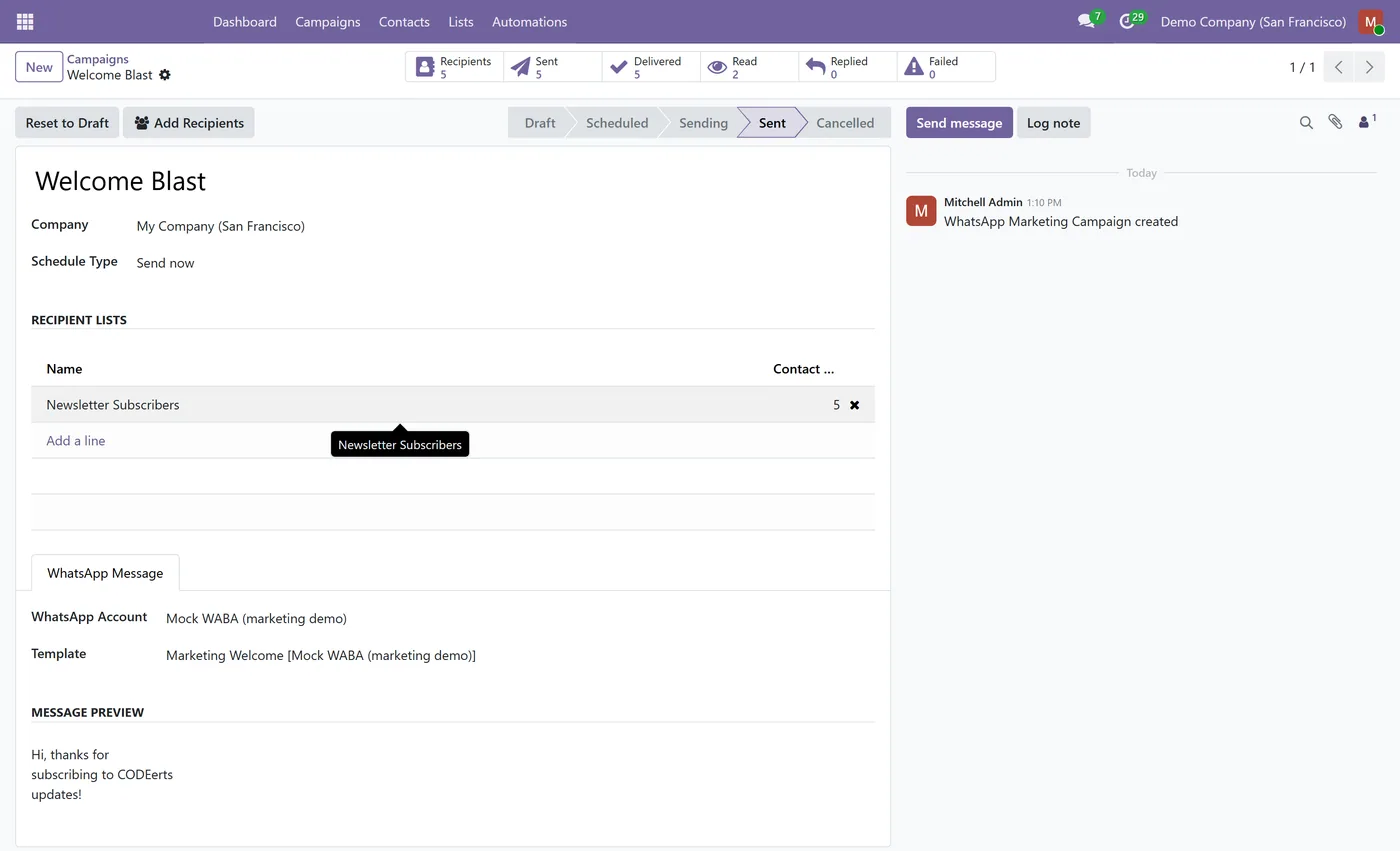 WhatsApp Marketing for Odoo Community for Odoo, campaign form