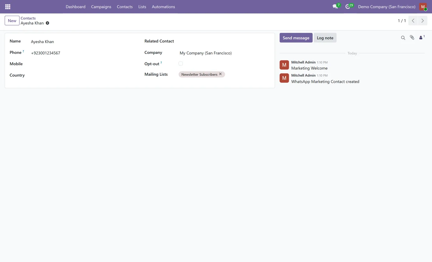 WhatsApp Marketing for Odoo Community for Odoo, contact form