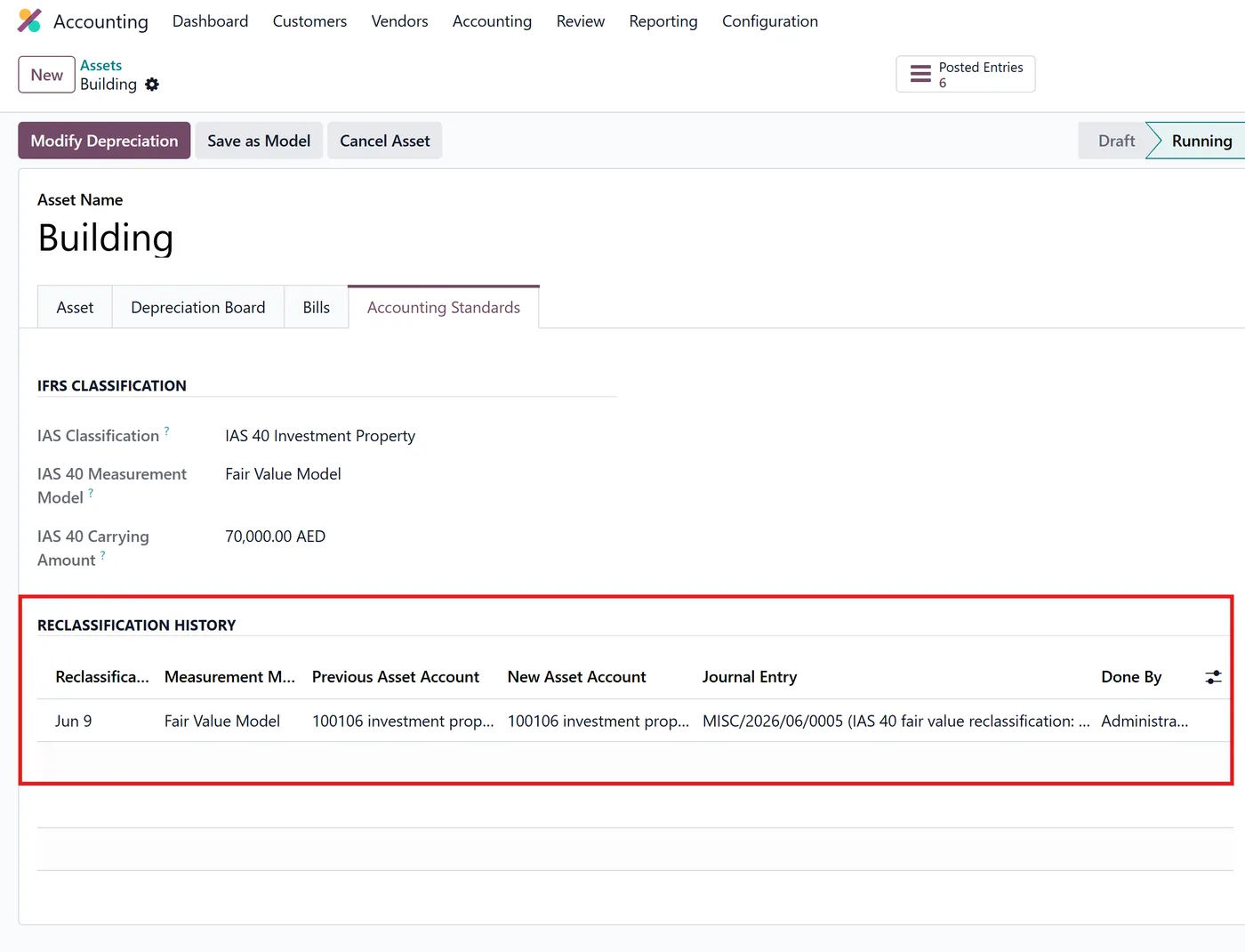 IAS 40 Investment Property Reclassification for Odoo, reclassification history