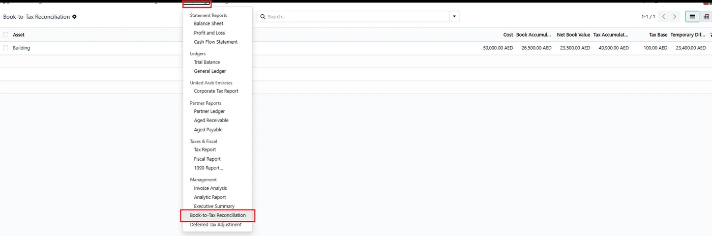 Dual Book & Tax Depreciation with Reconciliation for Odoo, reconciliation list