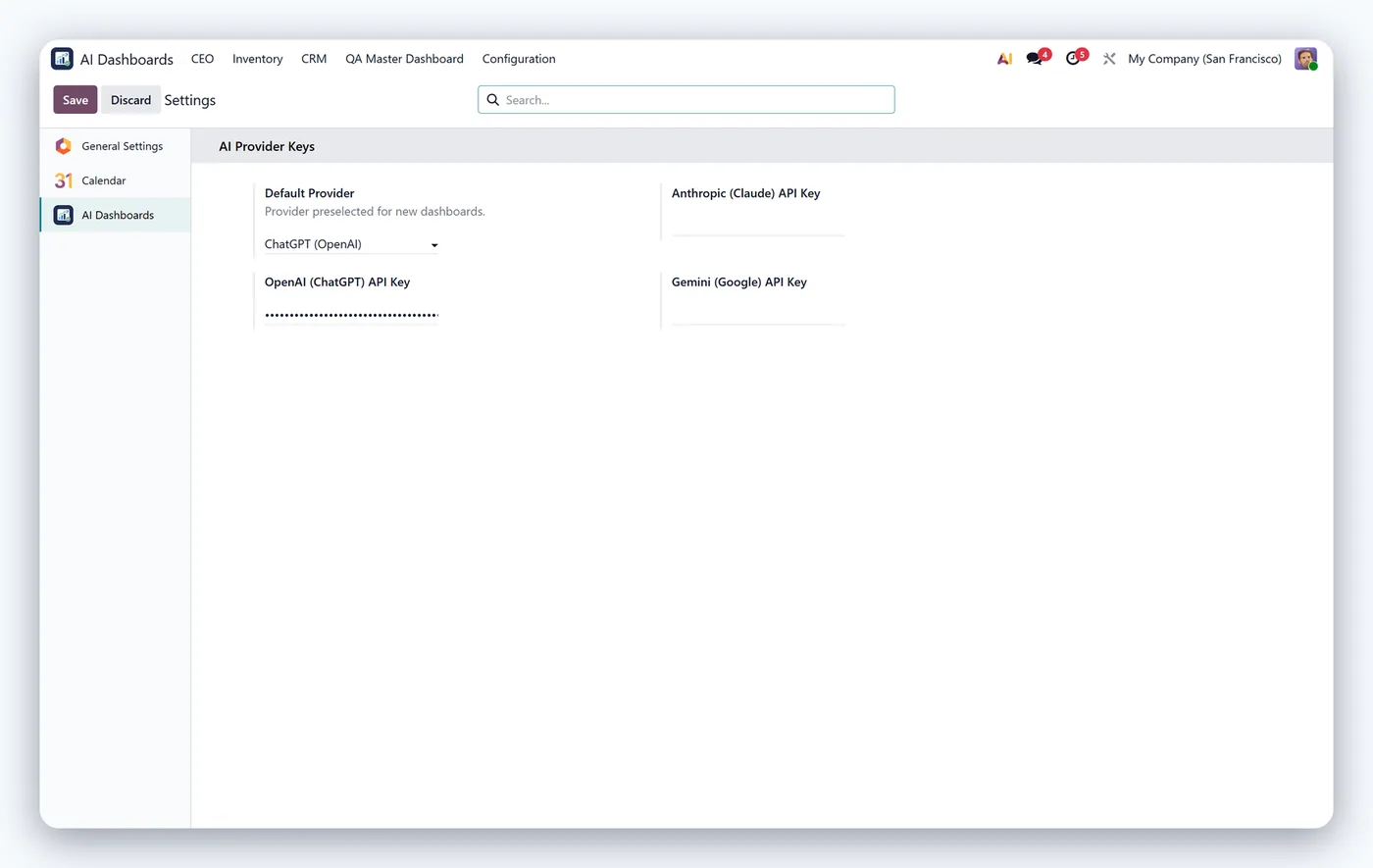 AI Dashboard Builder for Odoo, settings api keys
