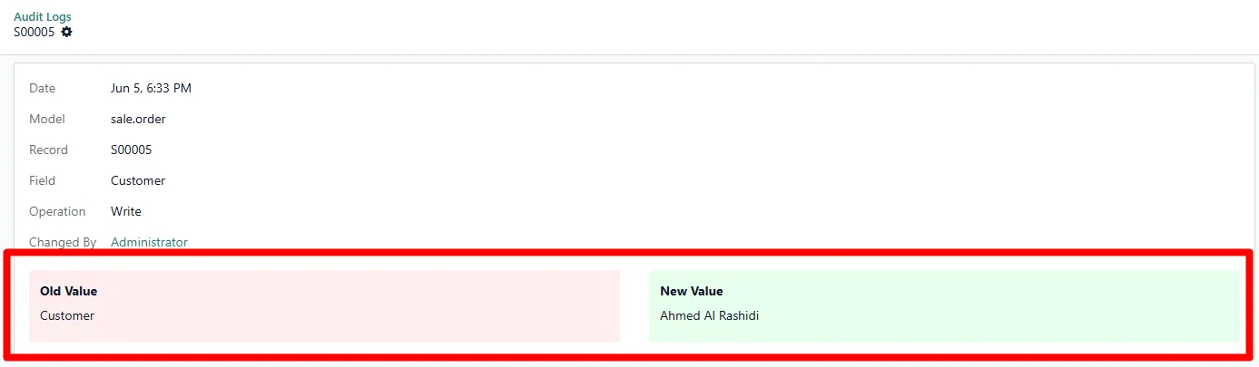 Audit Log Viewer & Export for Odoo, view diff