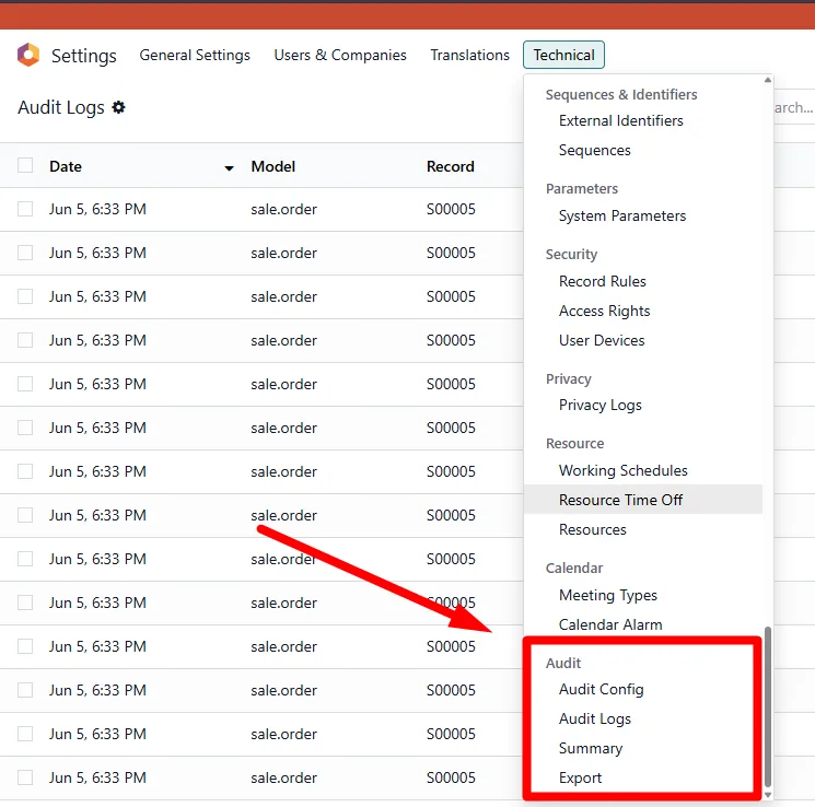 Audit Log Viewer & Export for Odoo, menu