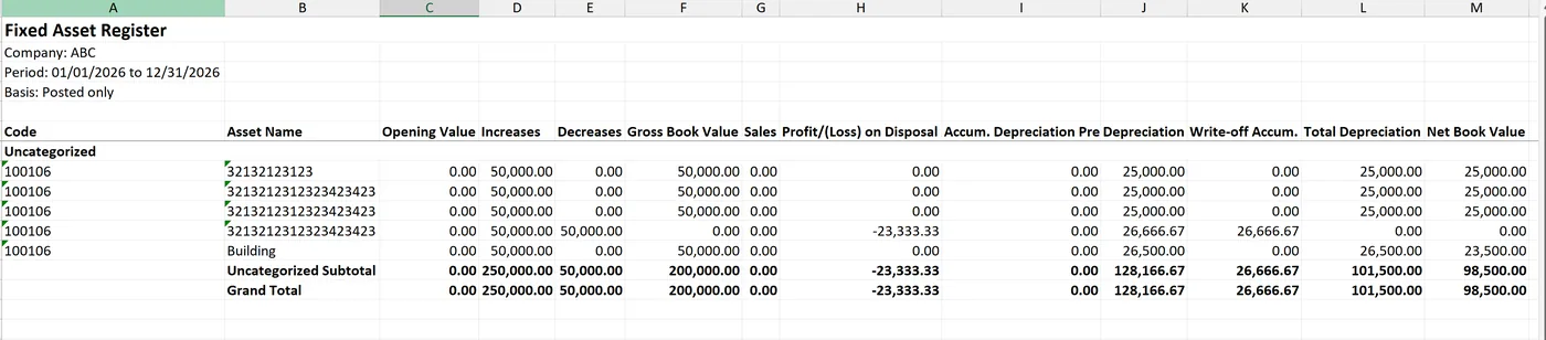 Fixed Asset Register for Odoo, screenshot excel on Odoo 19