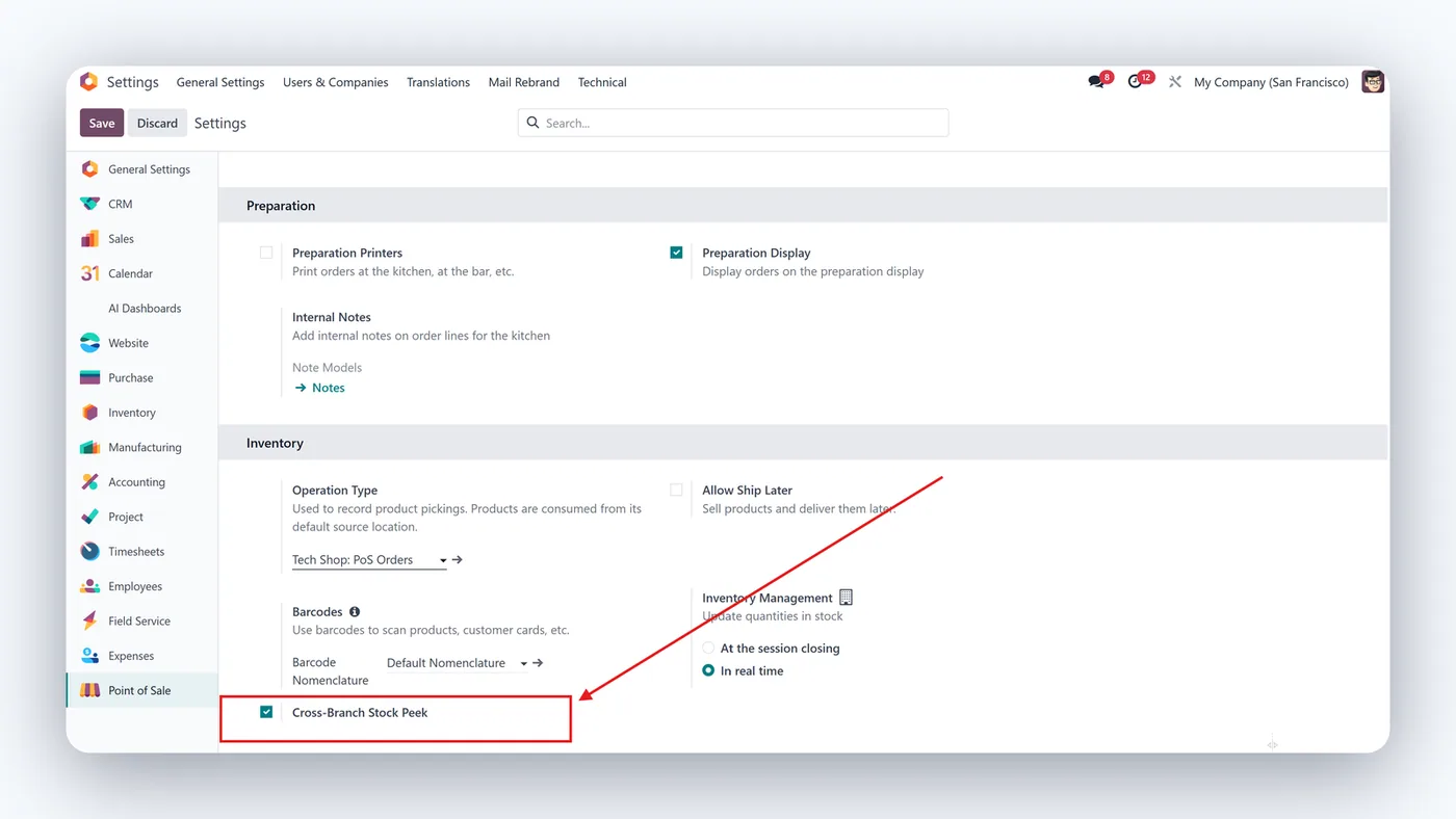 Live Cross-Branch Stock Peek for POS for Odoo, settings on Odoo 19
