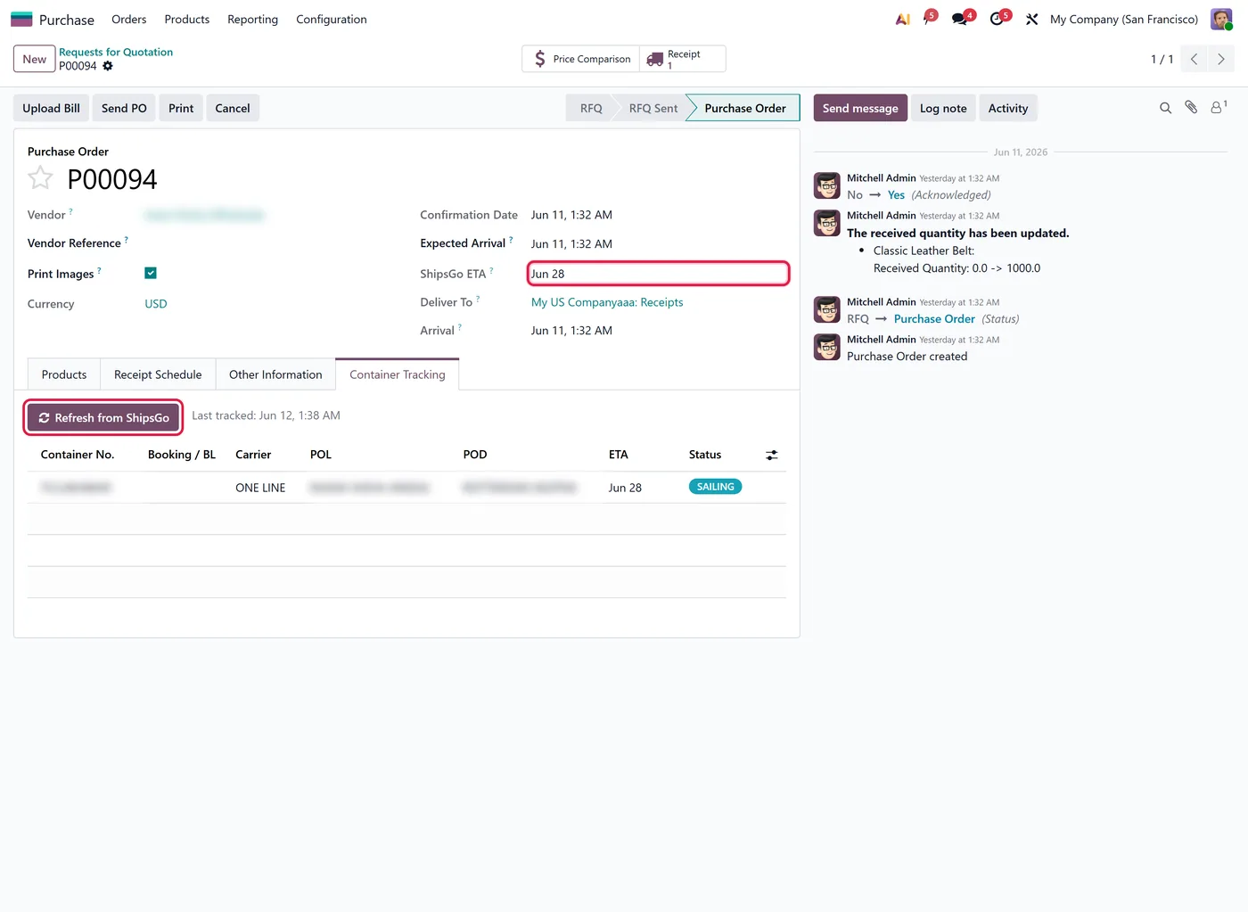 ShipsGo Container ETA for Purchase Orders for Odoo, container tracking on Odoo 18