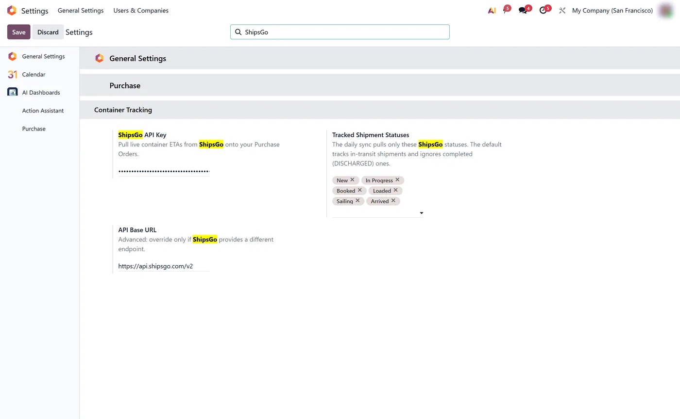 ShipsGo Container ETA for Purchase Orders for Odoo, settings