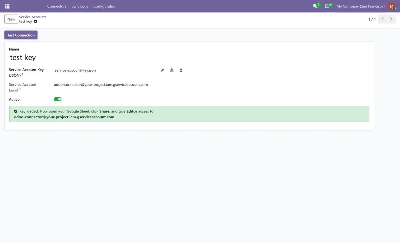 Google Sheets Connector for Odoo for Odoo, service account on Odoo 17