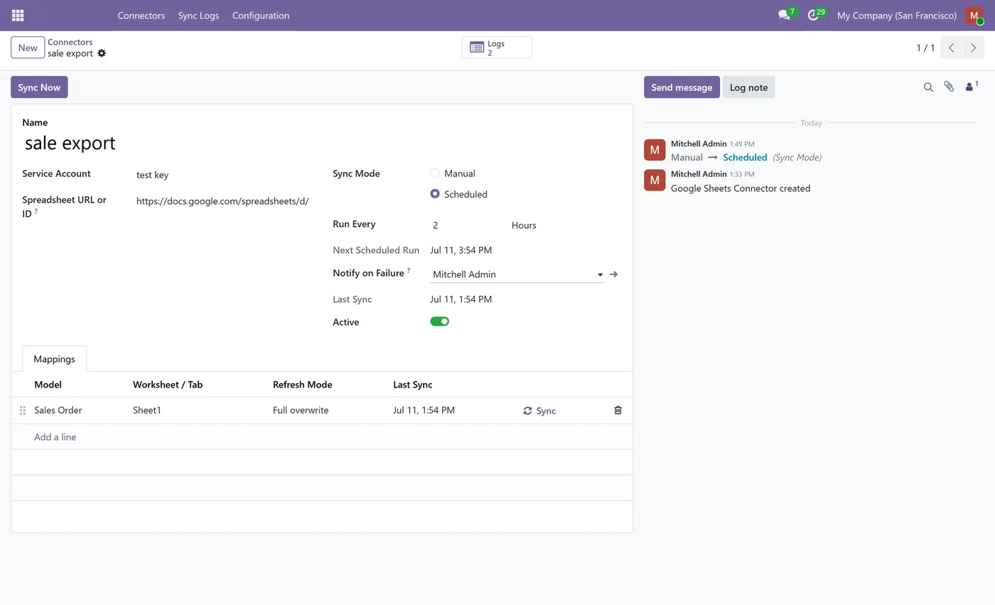 Google Sheets Connector for Odoo for Odoo, connector form on Odoo 17