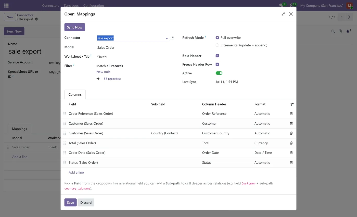Google Sheets Connector for Odoo, mapping columns