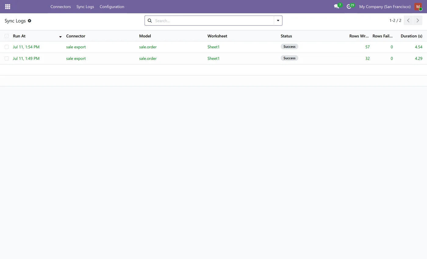 Google Sheets Connector for Odoo, sync logs