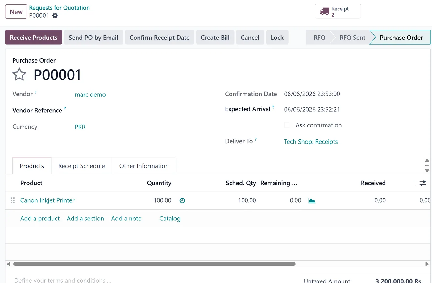 Receipt Schedule for Odoo, po line clock button on Odoo 19