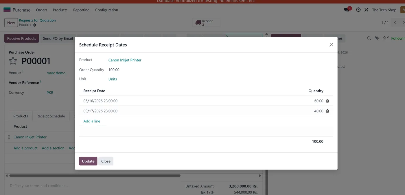 Receipt Schedule for Odoo, schedule wizard on Odoo 19