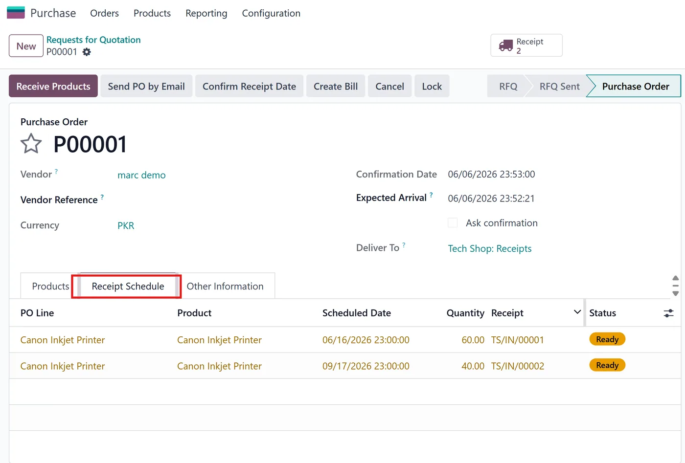 Receipt Schedule for Odoo, receipt schedule tab