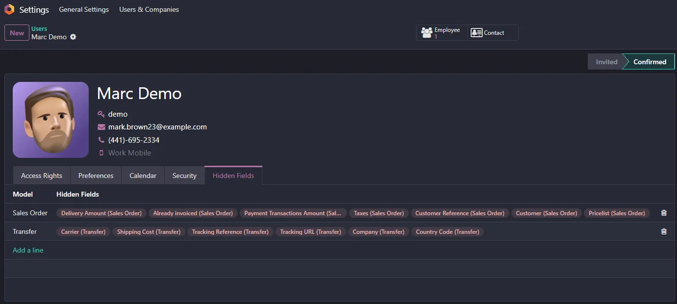 User Field Visibility Control for Odoo, hidden fields tab on Odoo 19