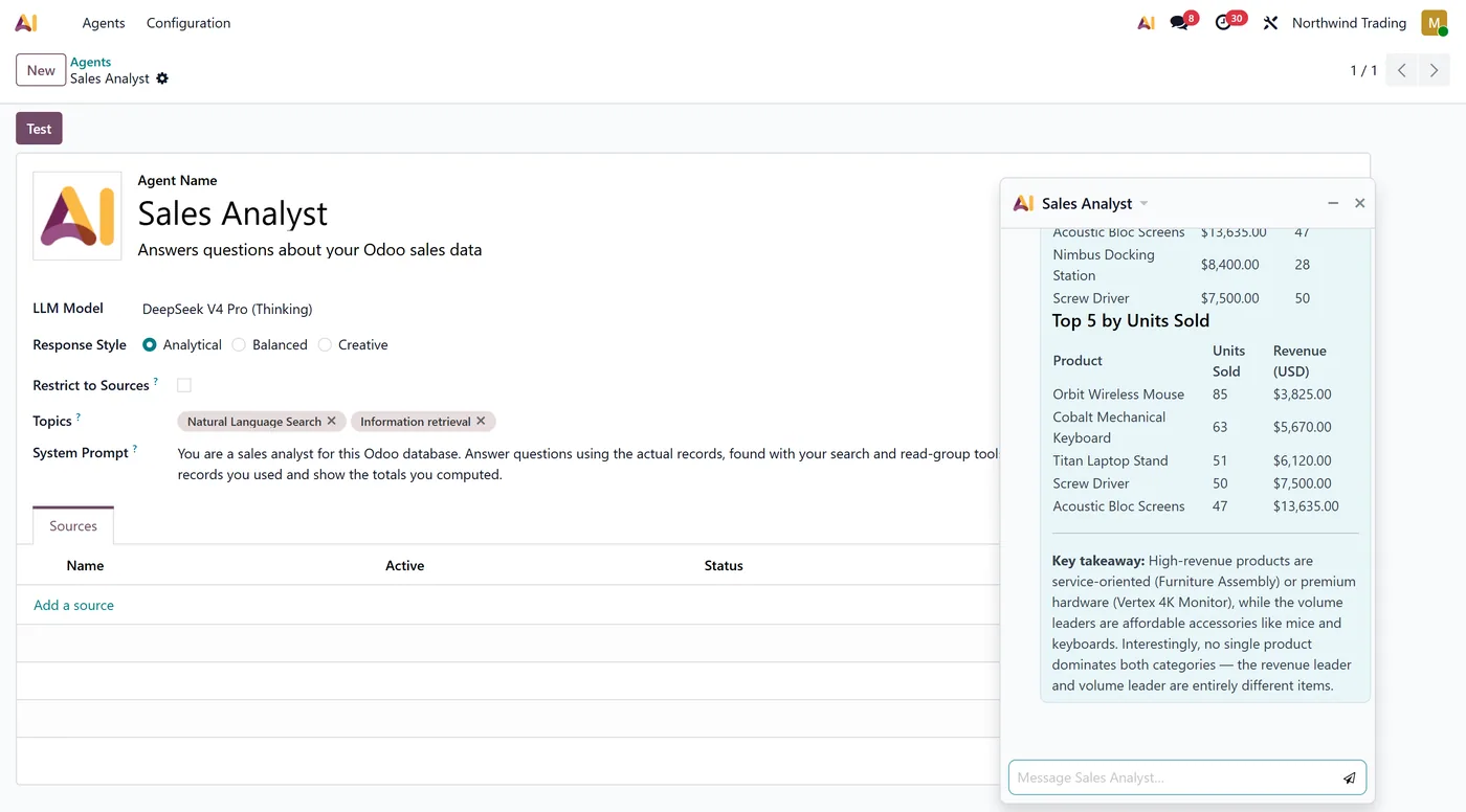 DeepSeek AI Connector for Odoo, odoo deepseek agent chat sales data