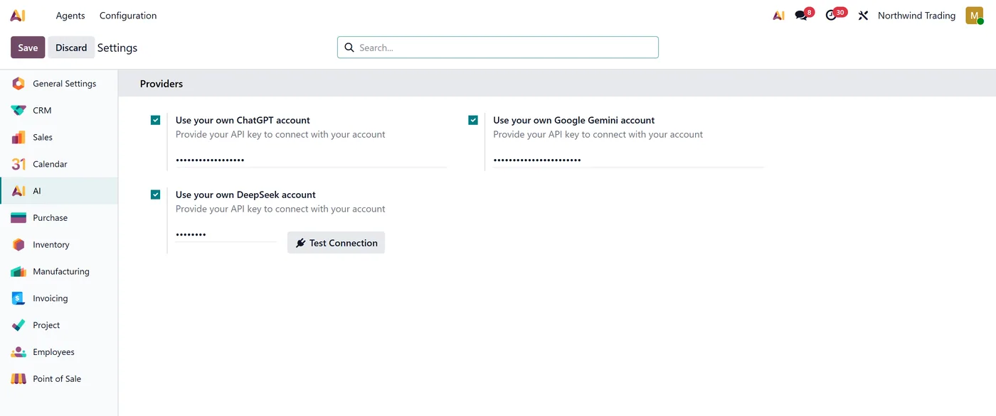 DeepSeek AI Connector for Odoo, odoo deepseek api key settings