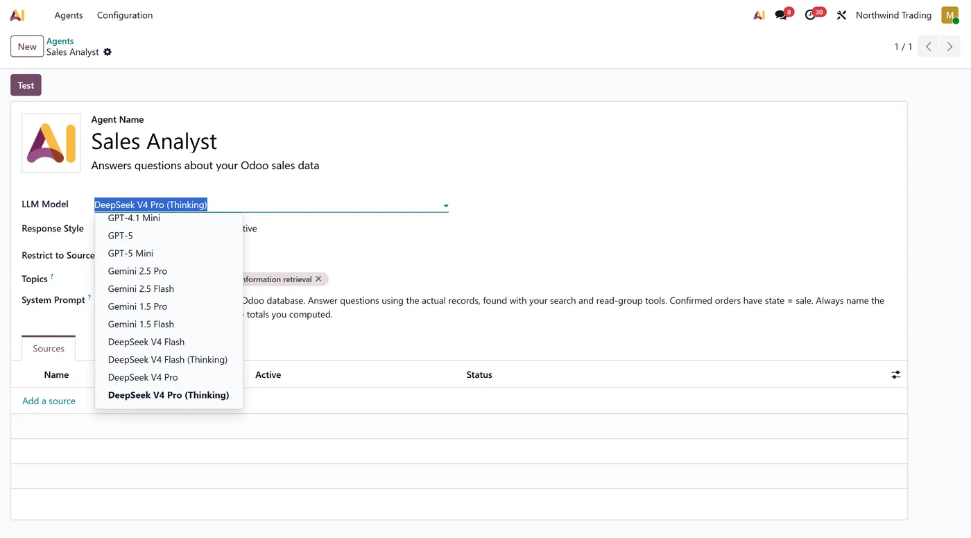 DeepSeek AI Connector for Odoo, odoo deepseek llm model dropdown