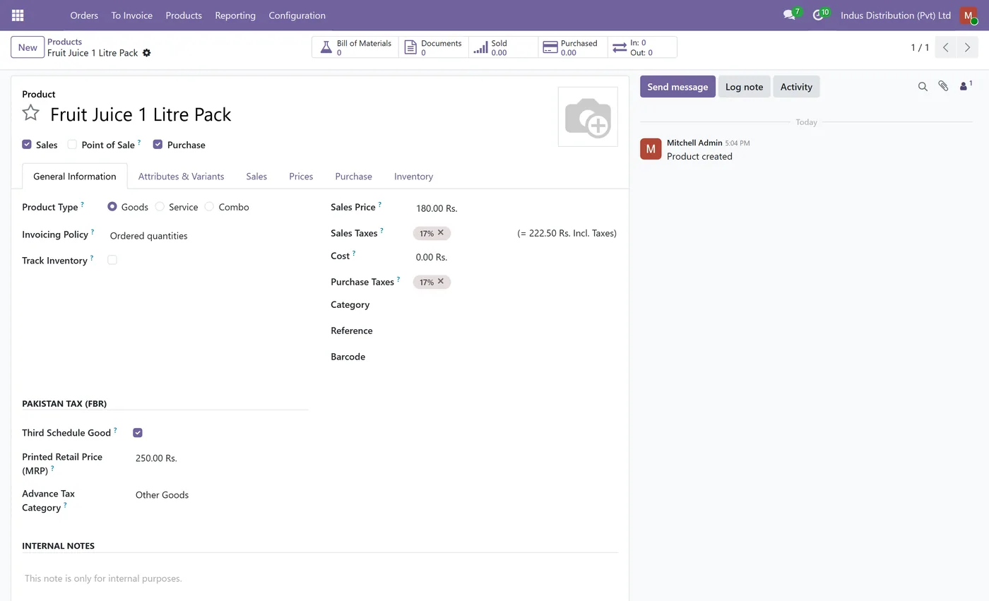 Pakistan Distribution Tax for Odoo, third schedule mrp