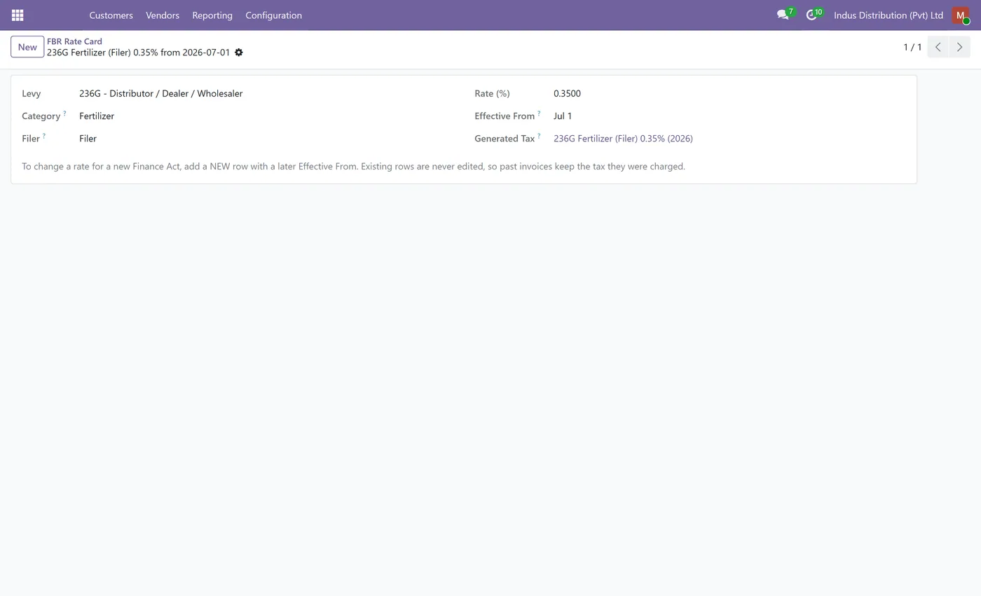 Pakistan Distribution Tax for Odoo, rate card row