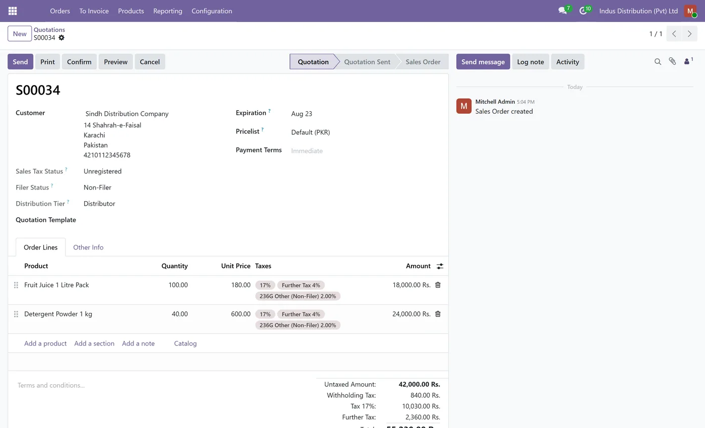 Pakistan Distribution Tax for Odoo, quotation auto taxes