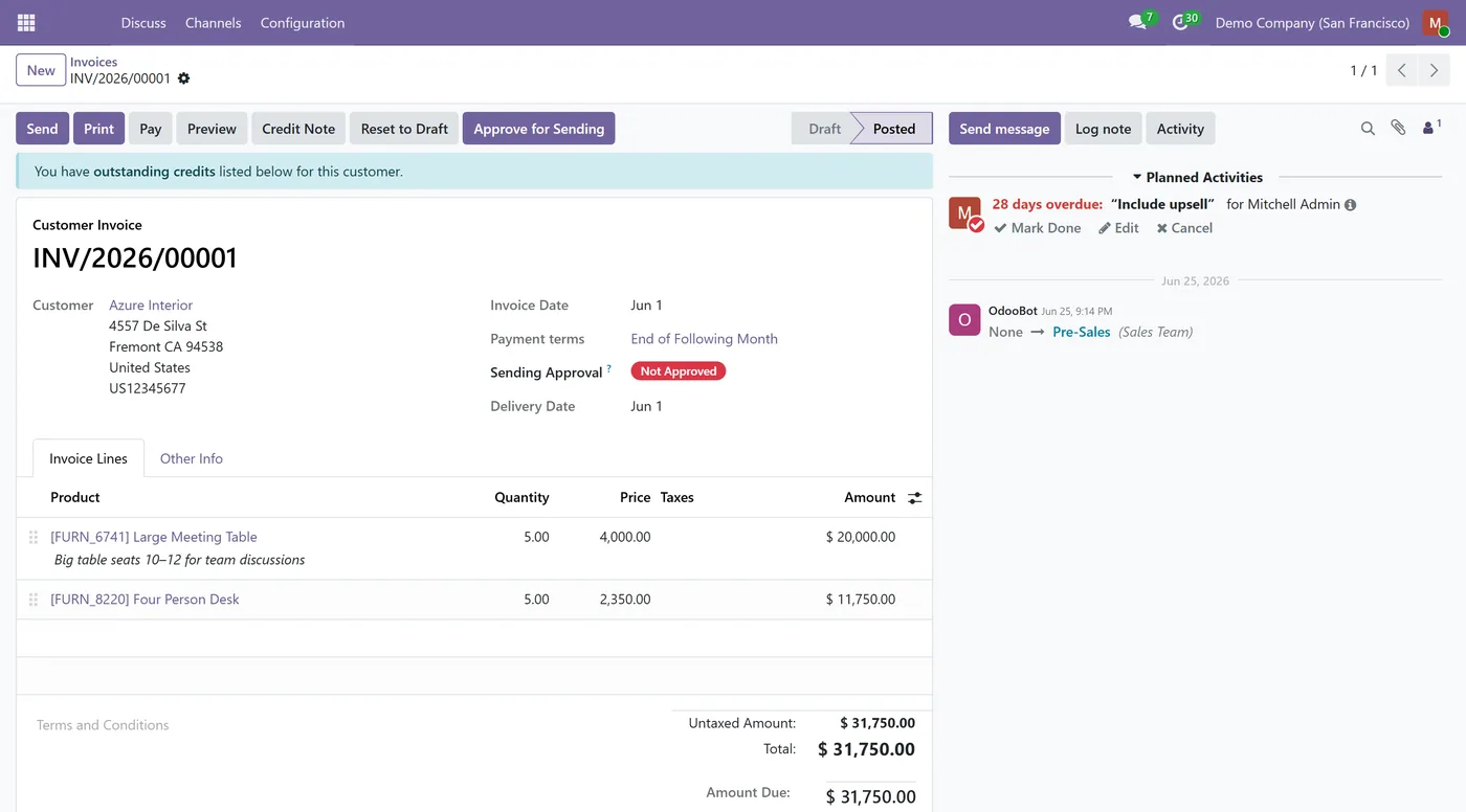 Customer Invoice Send Approval for Odoo, invoice not approved