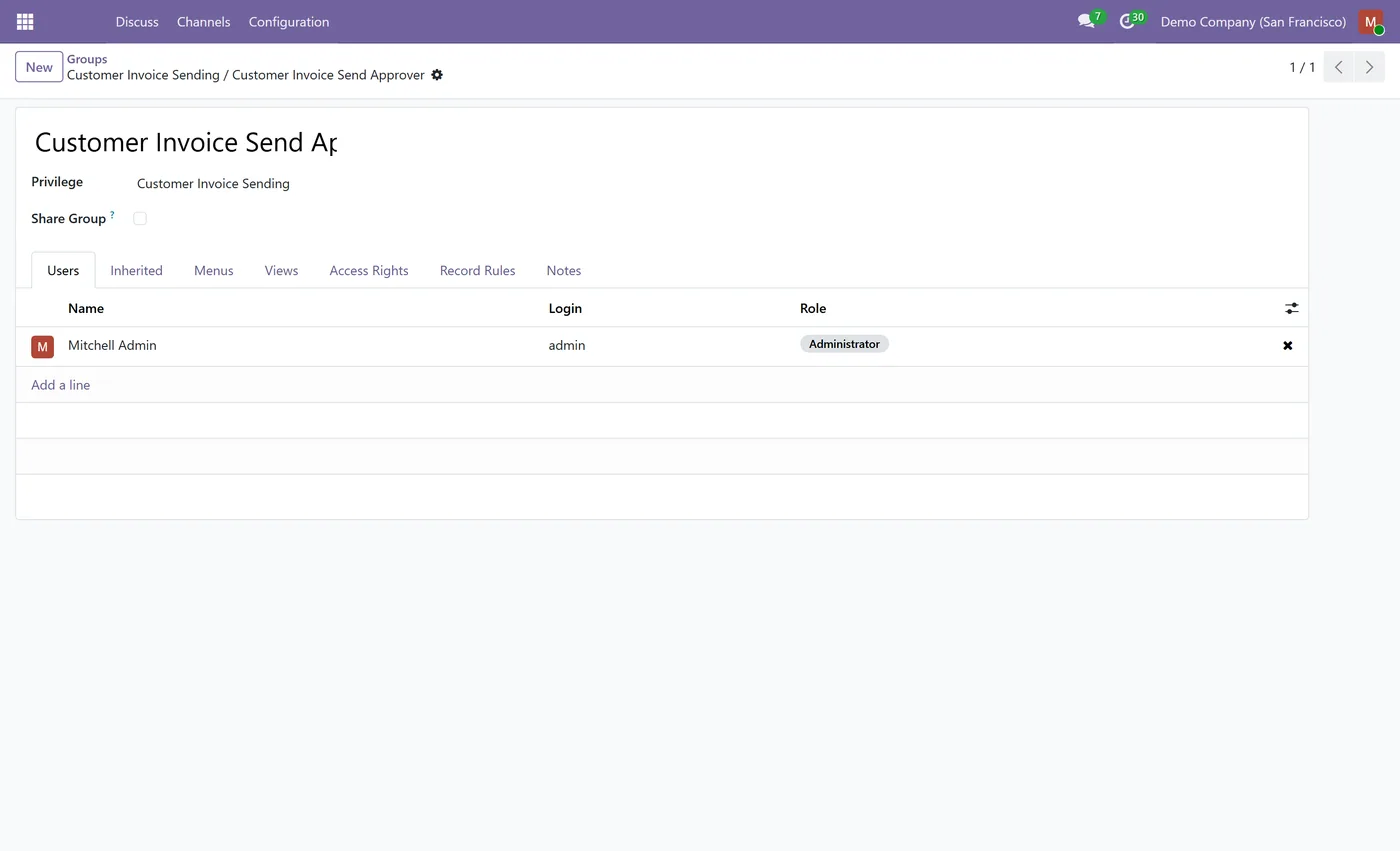 Customer Invoice Send Approval for Odoo, approver group