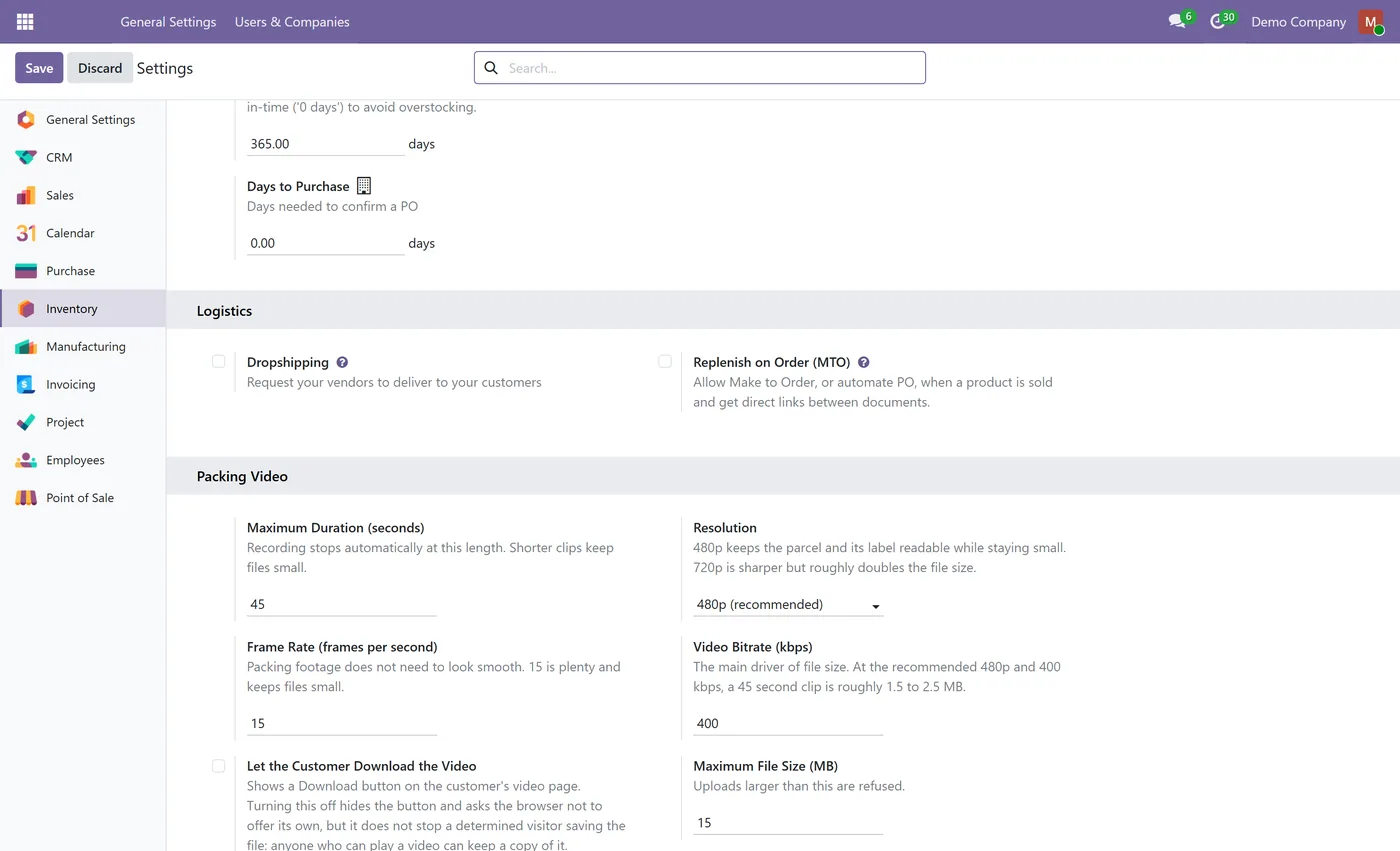 Parcel Packing Video and Proof of Packing for Odoo, settings