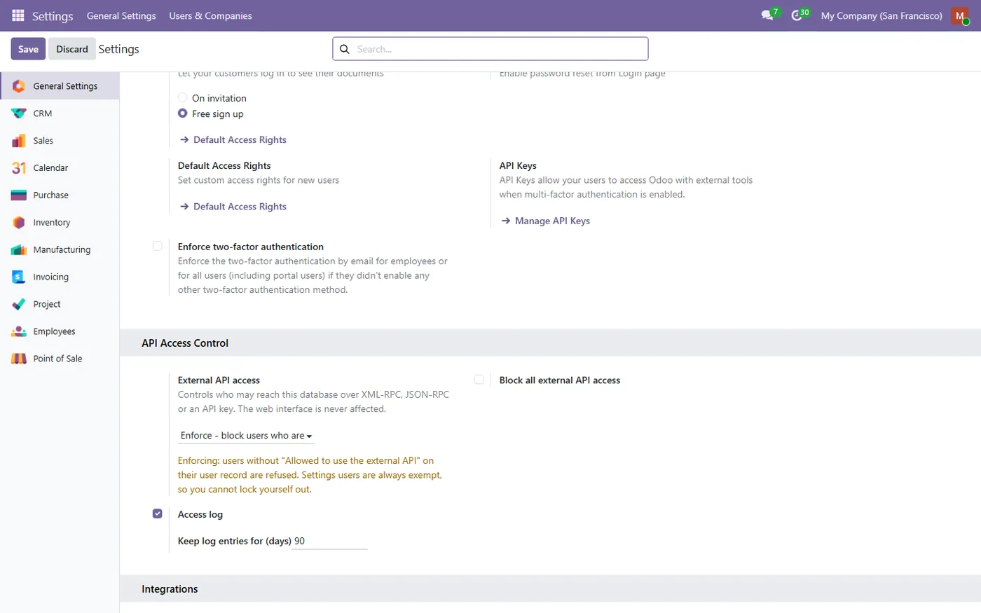 RPC & API Key Access Control for Odoo, settings