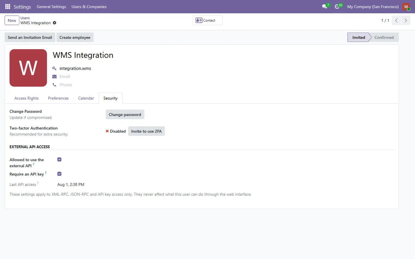 RPC & API Key Access Control for Odoo, user form