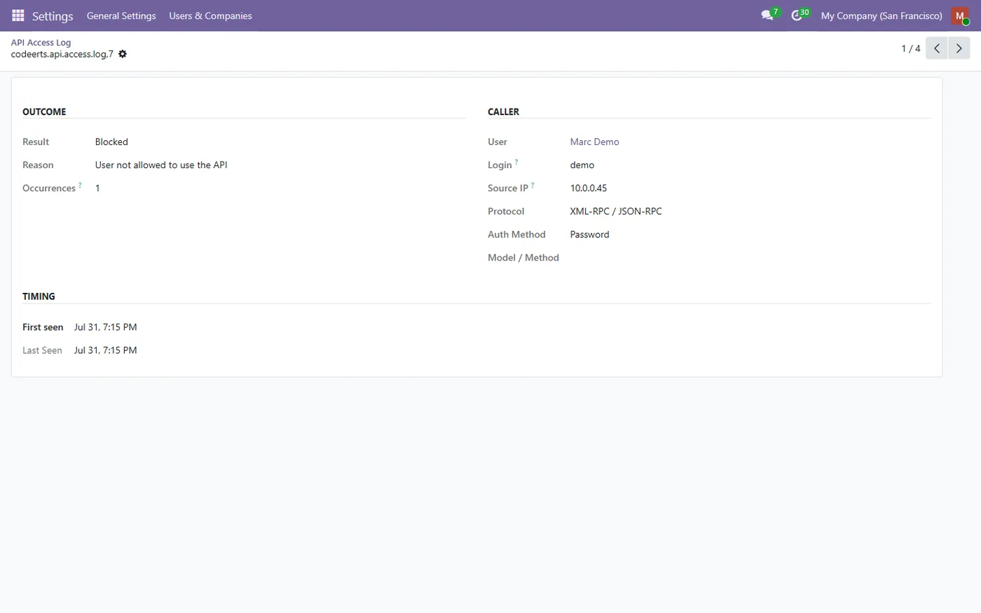 RPC & API Key Access Control for Odoo, audit log form