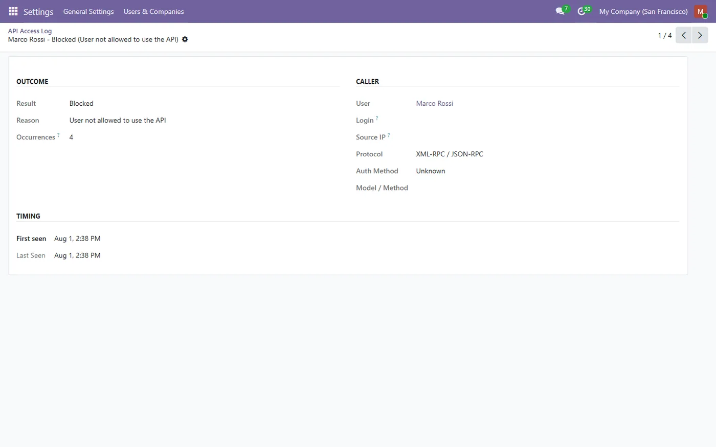 RPC & API Key Access Control for Odoo, audit log form