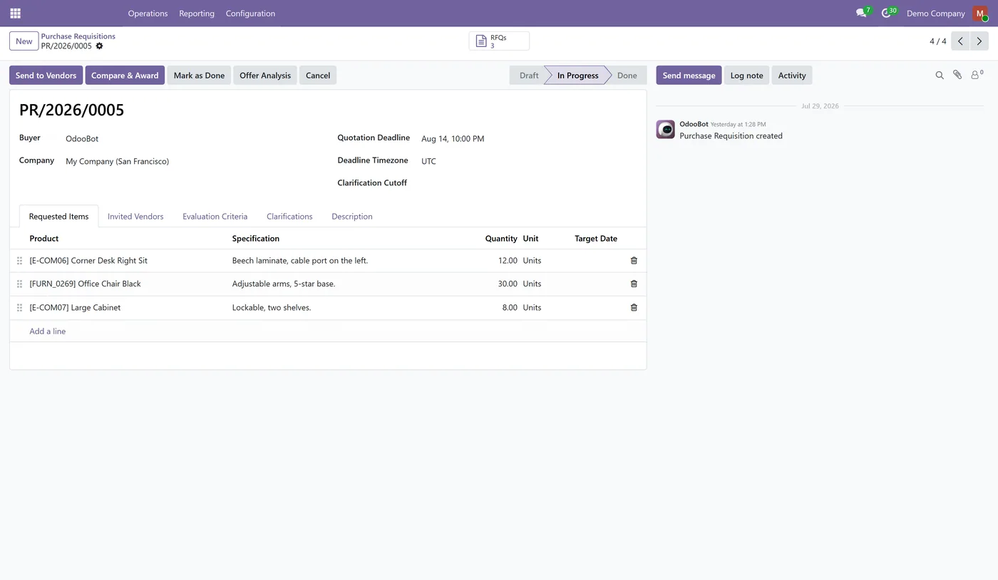 Vendor Sourcing and RFQ Portal for Odoo, requisition