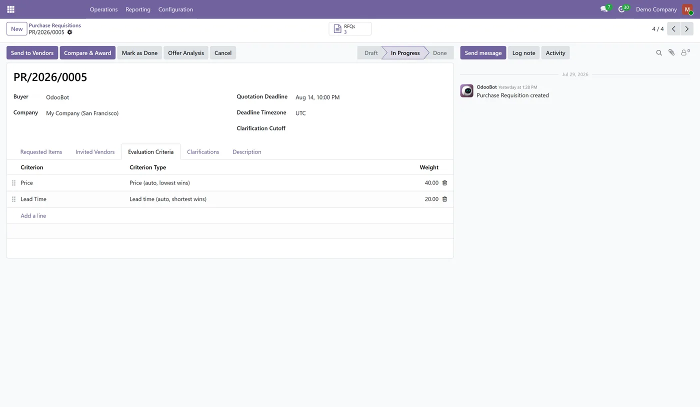 Vendor Sourcing and RFQ Portal for Odoo, criteria