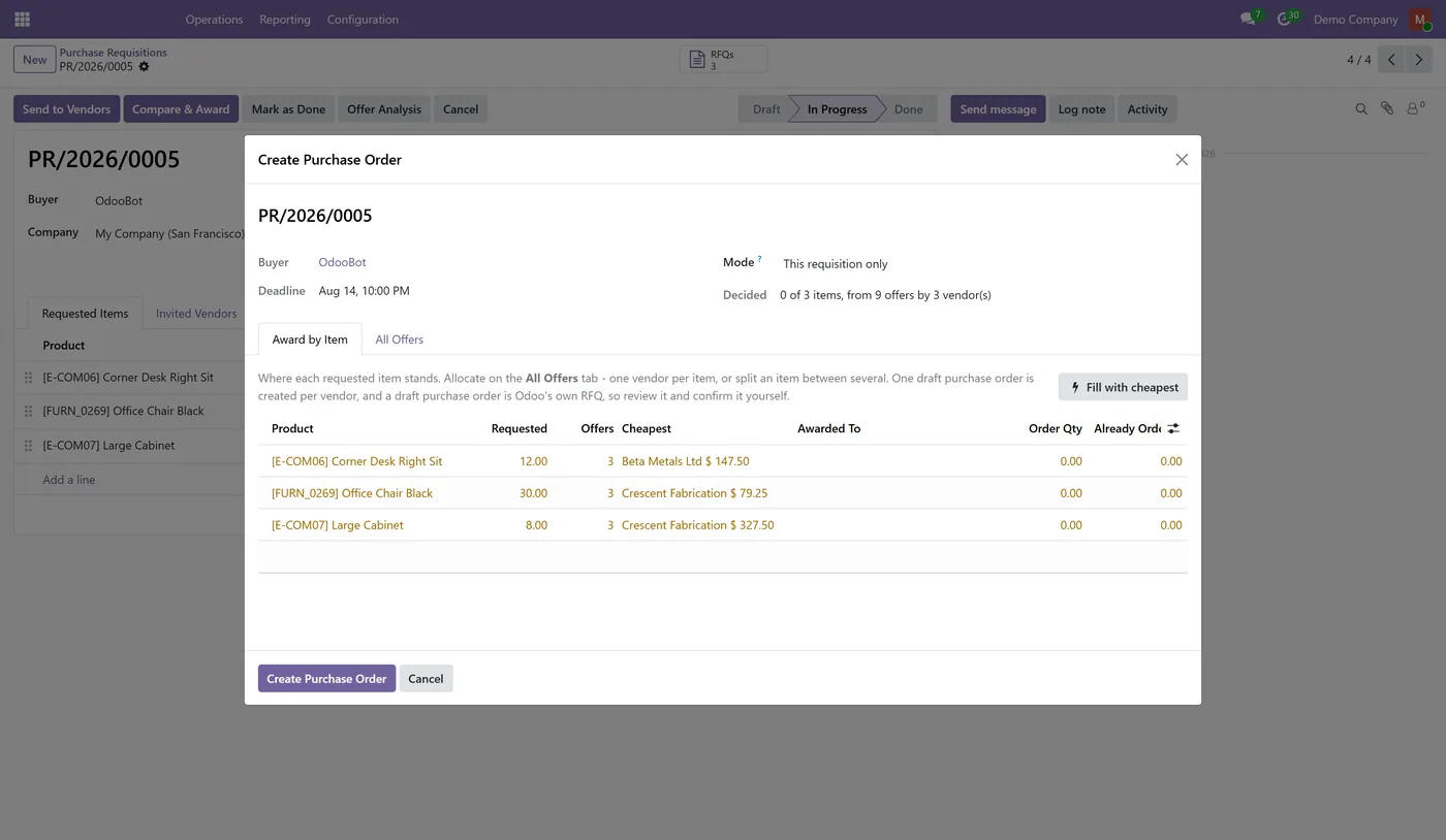 Vendor Sourcing and RFQ Portal for Odoo, award by item
