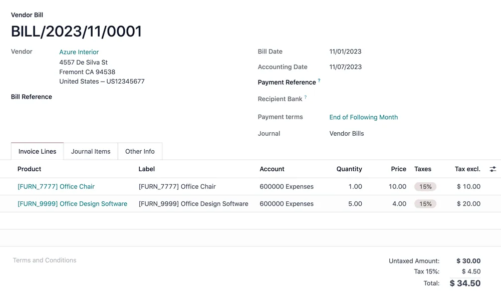 Odoo accounting, accounting vendor bill