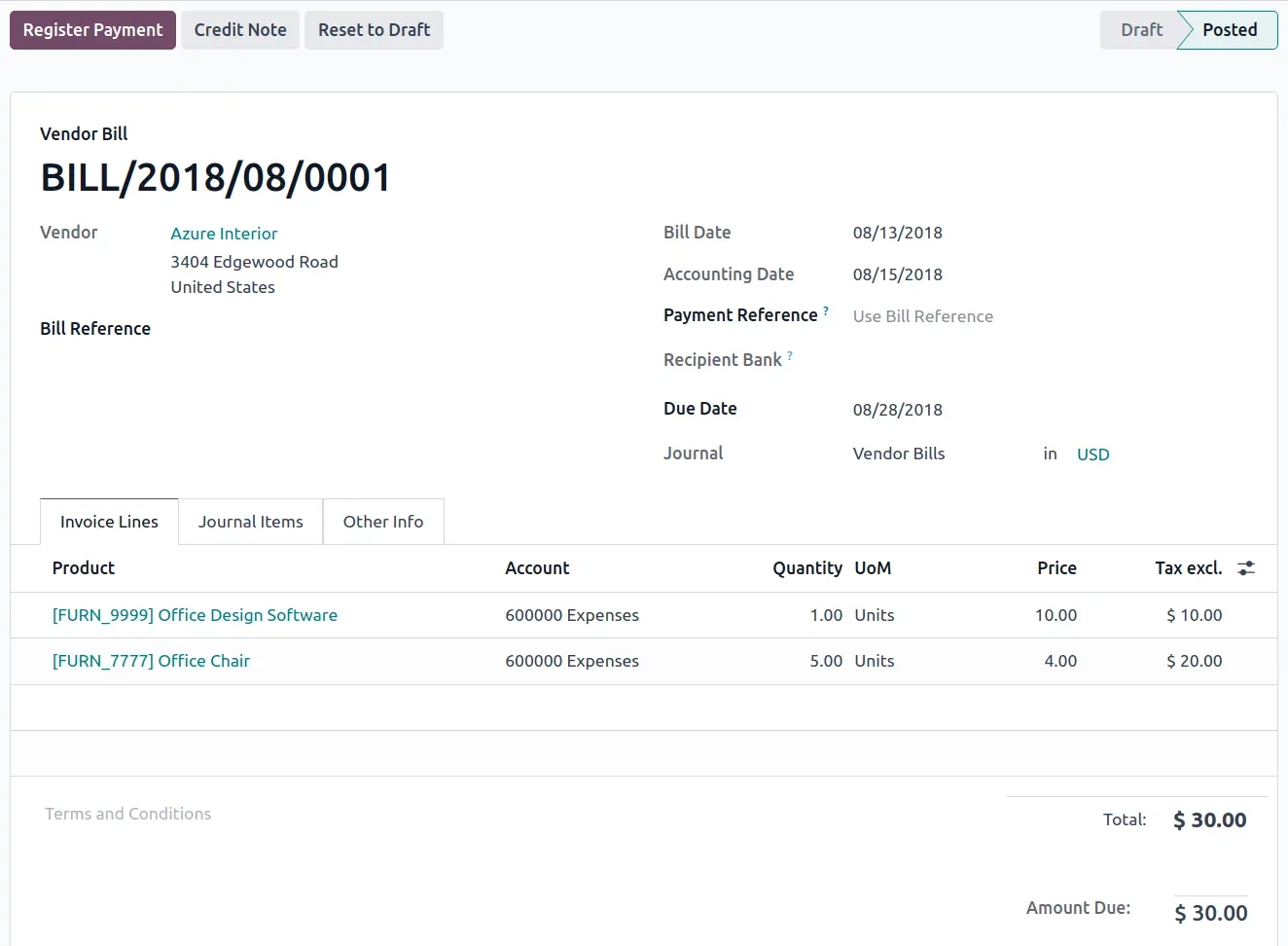 Odoo accounting, accounting bill