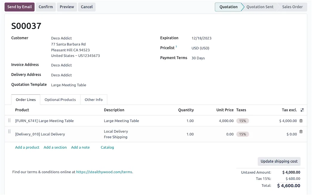 Odoo sales, quote template