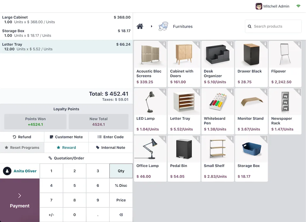 Odoo pos, interface