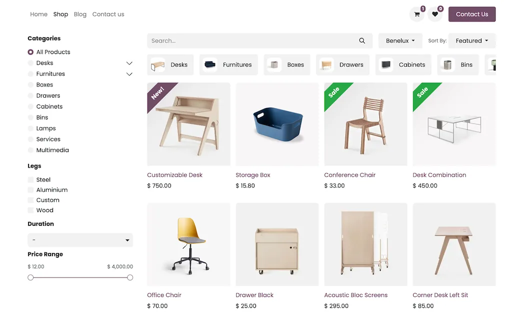 Odoo ecommerce, products grid