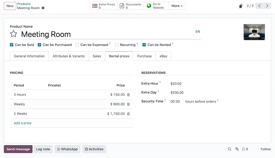 Odoo rental, rental meeting room
